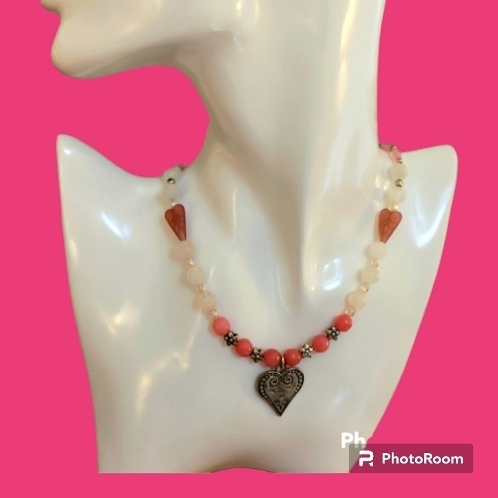 HANDMADE Rose Quartz Jade Czech Glass Heart Pendant Valentine's Necklace